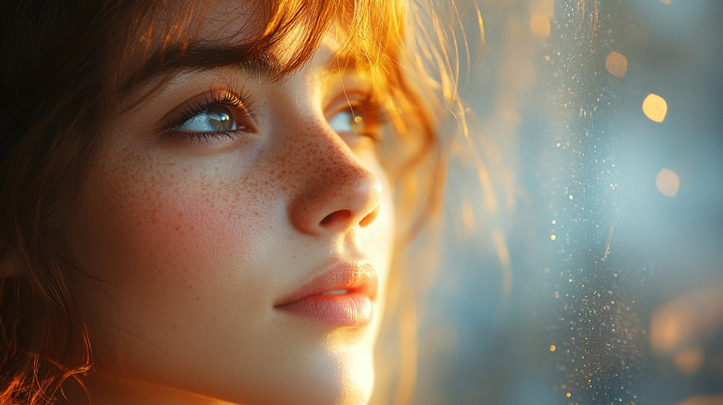 Une personne regardant pensivement par la fenêtre, un léger sourire aux lèvres.