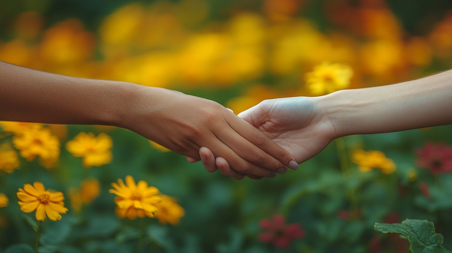Gros plan de deux mains se penchant subtilement l'une vers l'autre, pleines de sentiments inavoués.
