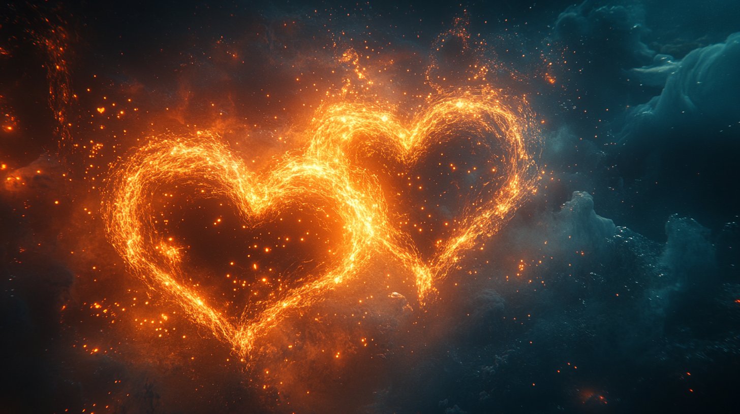 Zwei verwobene Herzen, umgeben von leuchtenden Liebessymbolen.