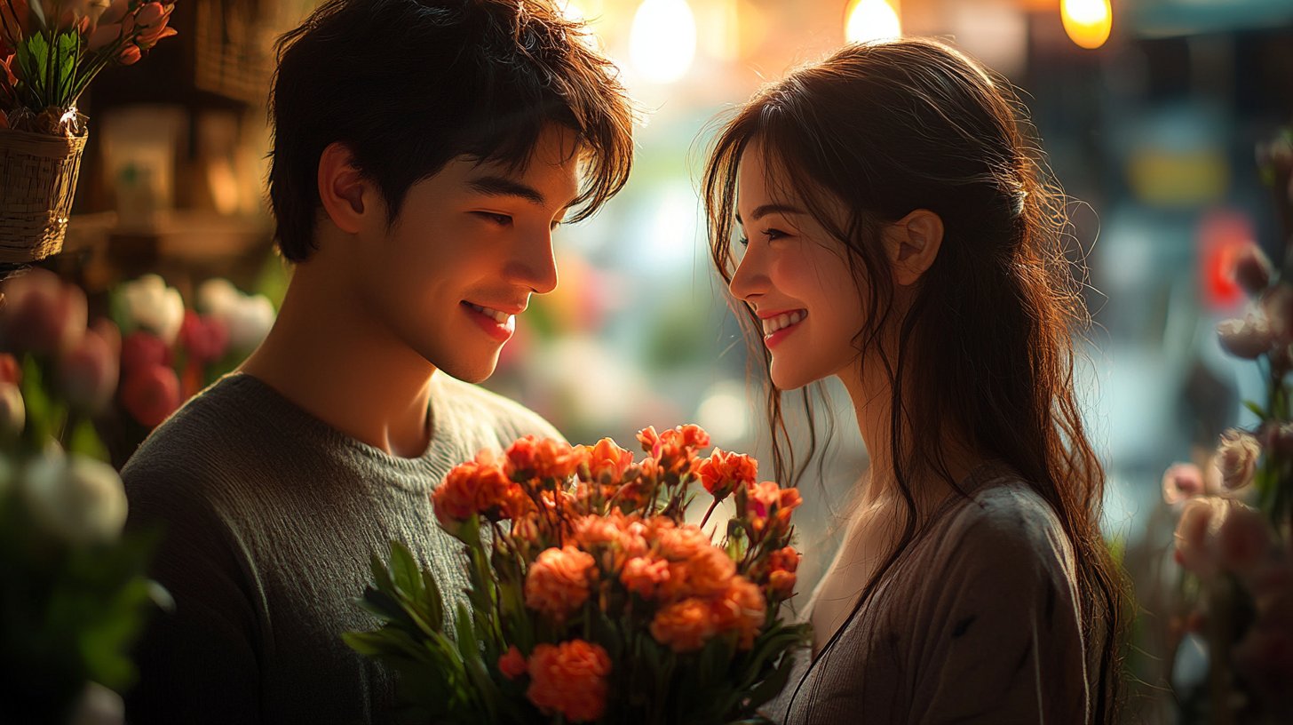 Ein überraschender Moment, in dem ein Partner den anderen mit einem Geschenk erfreut.