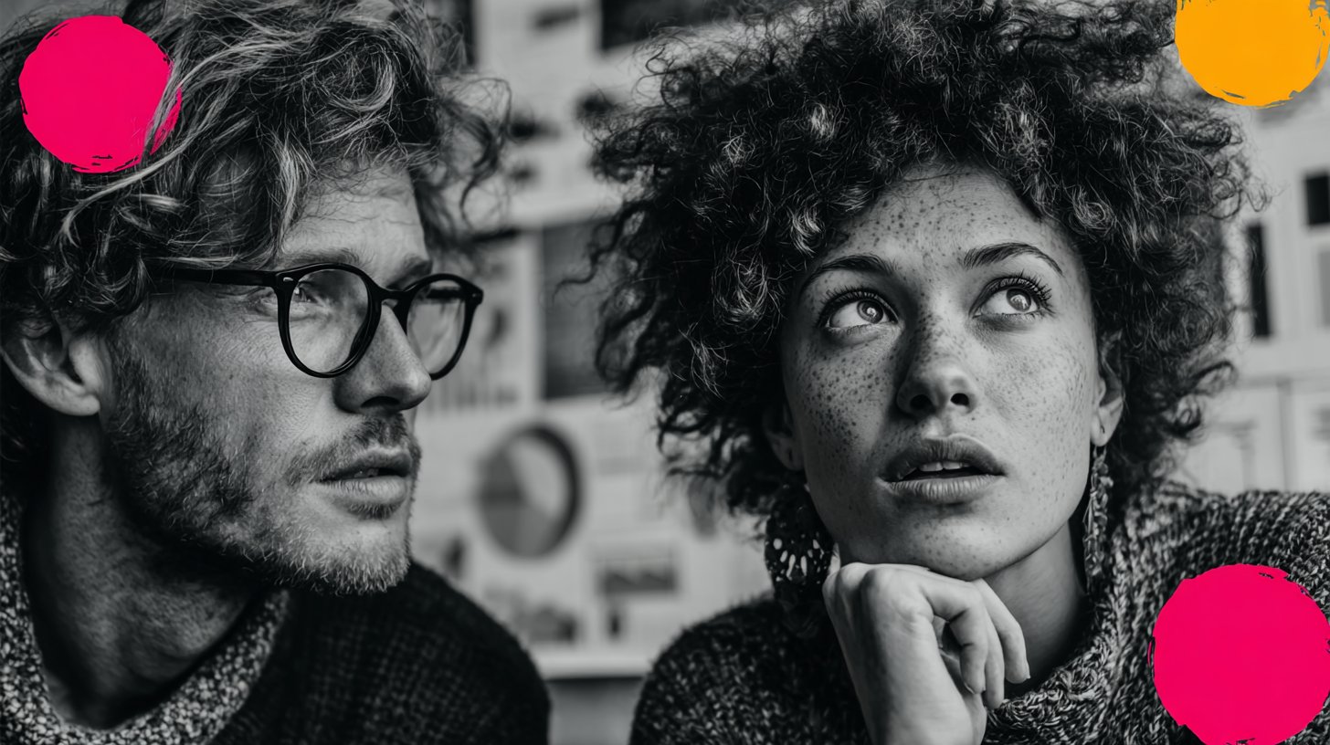 Zwei Personen diskutieren Zahlen in einem modernen Büro.