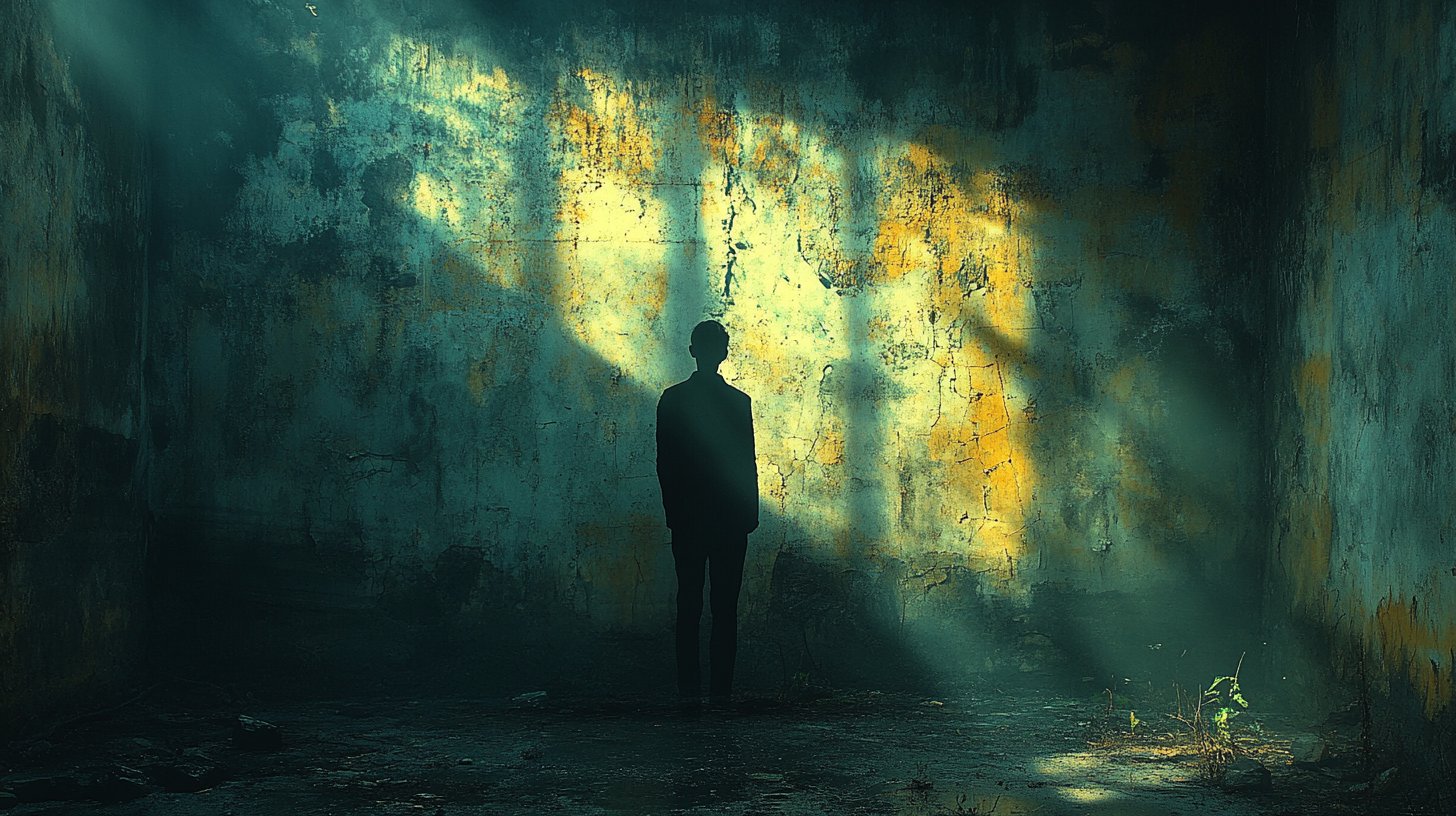 Eine düstere Szene, die eine Person in den Schatten zeigt, was emotionalen Unsicherheiten symbolisiert.