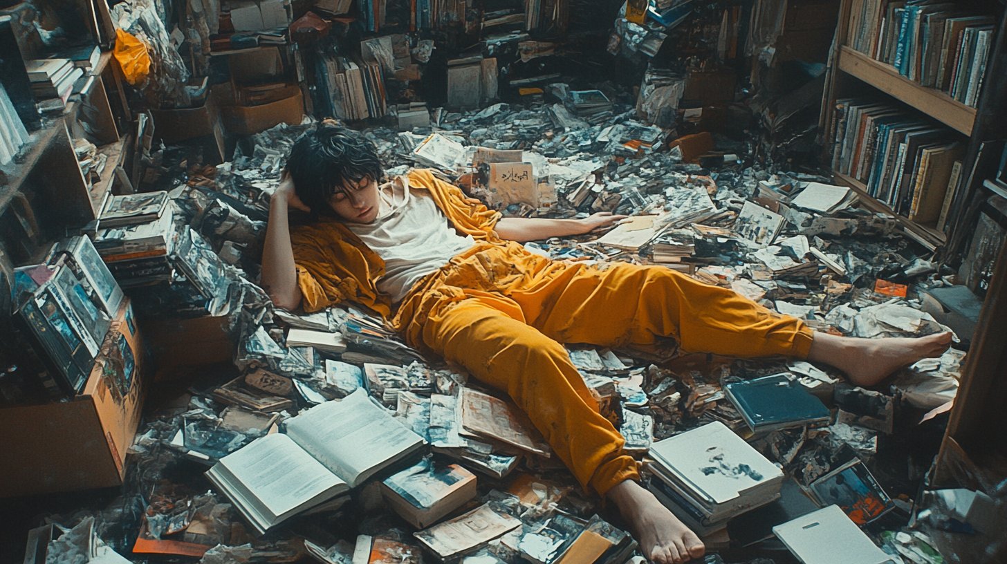 Eine Person vernachlässigt ihre Selbstpflege in einem überfüllten, chaotischen Raum.