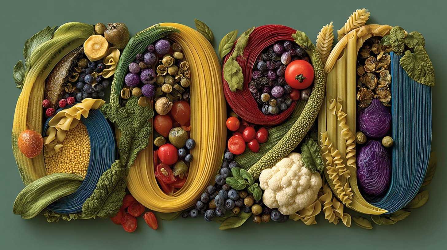 Zahlen und Essenssymbole verschmelzen in einer bunten Komposition.