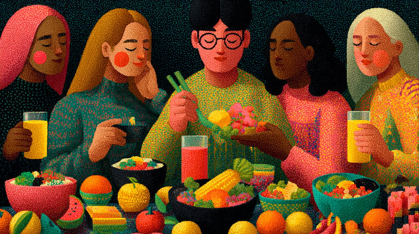 Eine Collage von Leuten, die verschiedenen Essverhalten nachgehen.