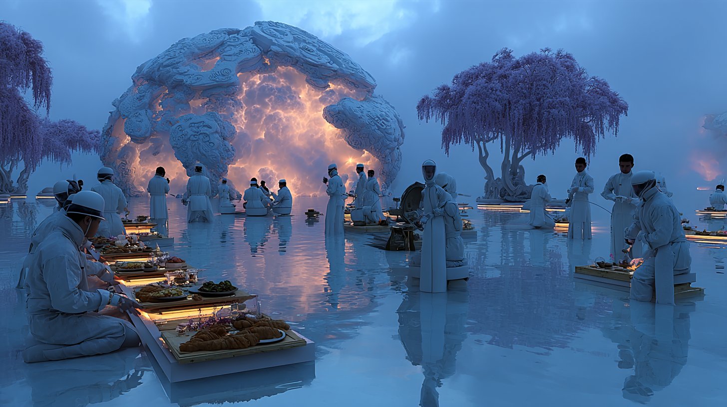 Futuristische Essensszene mit leuchtenden Gerichten und Robotern.