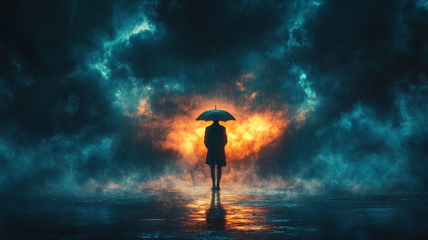 Allein unter einem nassen Regenschirm, Traurigkeit und Resignation.