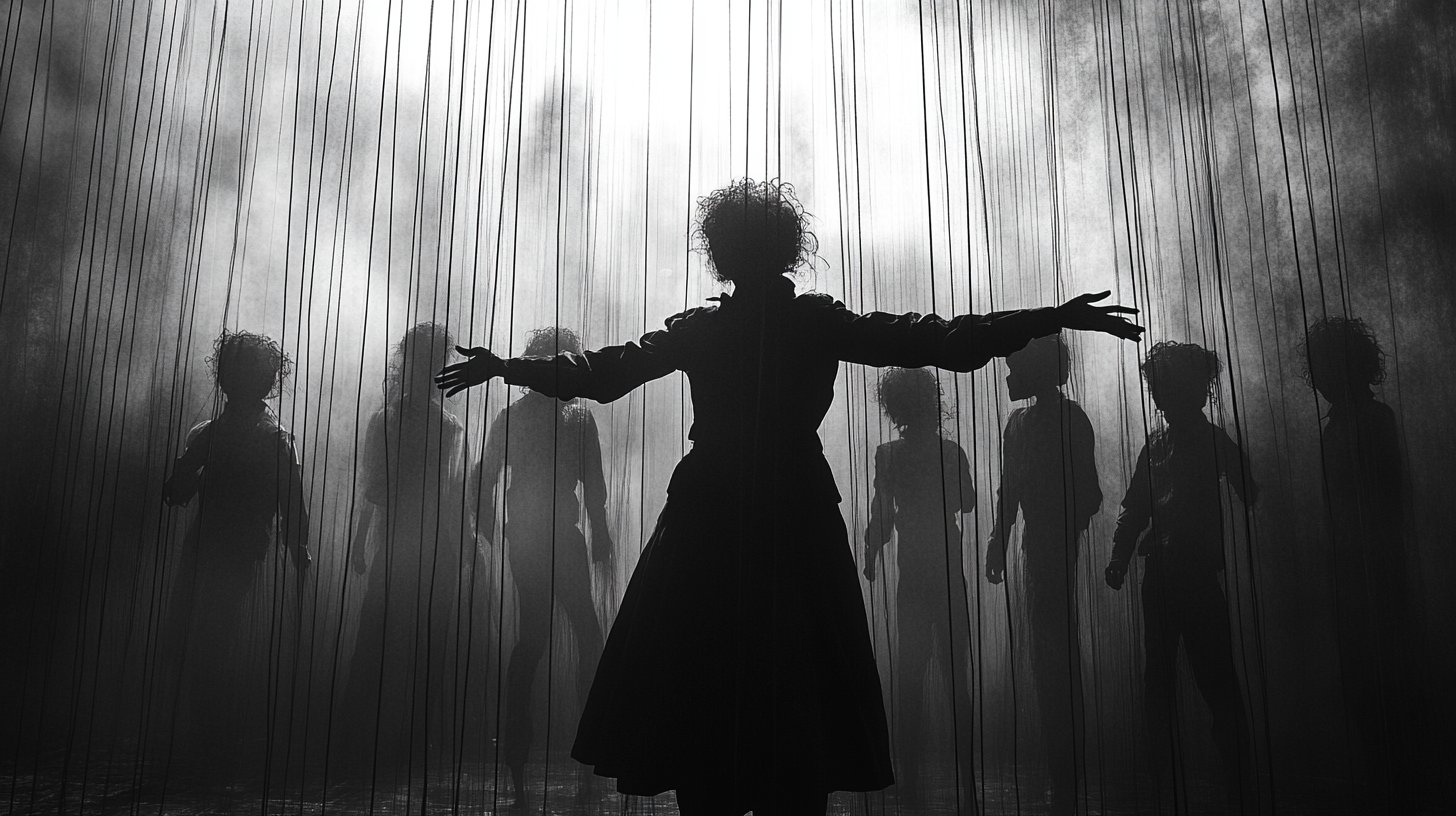 Puppe unter unsichtbaren Fäden, Symbol für Manipulation.