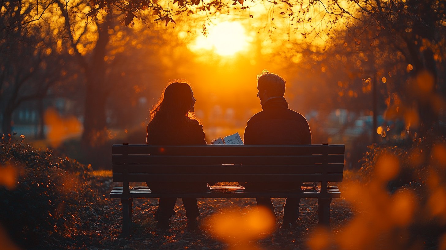 Una coppia sogna il futuro, fissando un tramonto su una panchina.