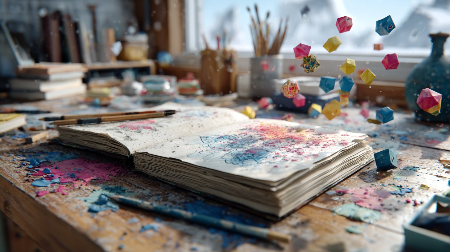 Ein kreativer Arbeitsplatz voller künstlerischer Werkzeuge und inspirierender Skizzen.