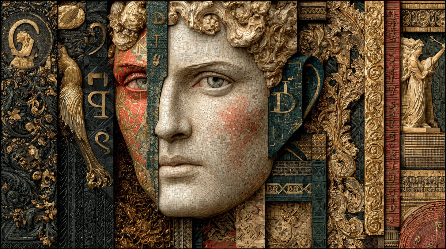 Abstrakte Szene mit verschiedenen Kunstformen und numerischer Symbolik.