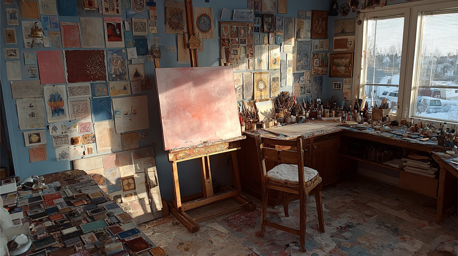 Ruhiges Atelier, das die Verbindung zwischen Numerologie und Kreativität verkörpert.