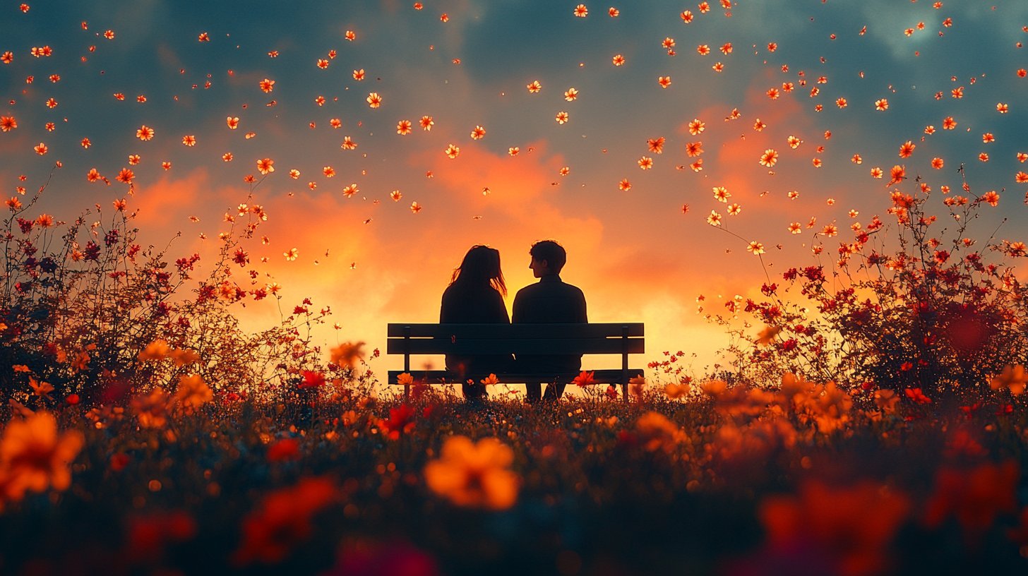 Un couple sur un banc de parc se regardant avec respect parmi des fleurs en pleine floraison.