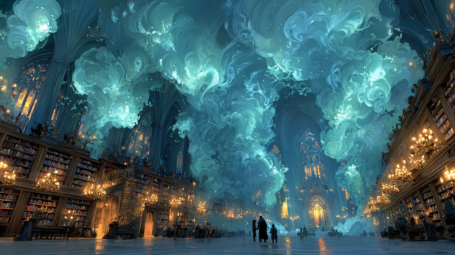 Eine alte Bibliothek voller leuchtender Bücher und lebendiger Geschichten.
