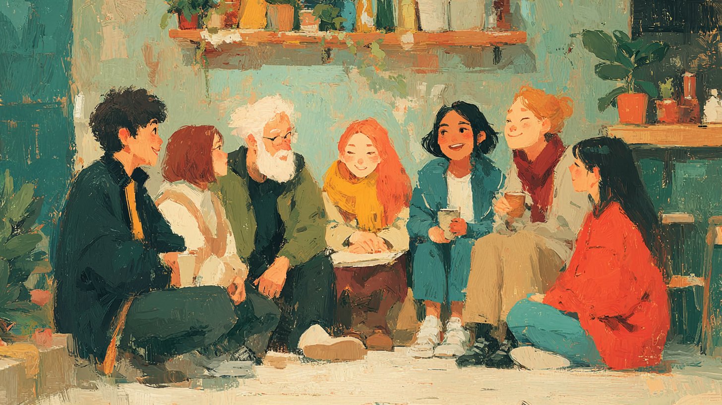 Zwei Freunde lachen bei einer Tasse Kaffee im warmen Sonnenlicht.