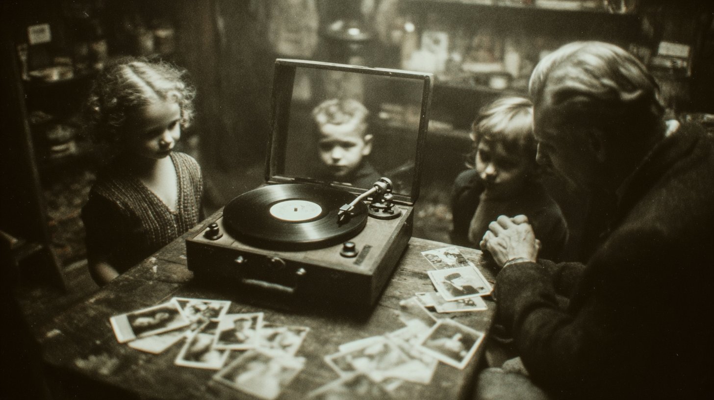 Eine nostalgische Szene mit einer Familie um einen Plattenspieler.