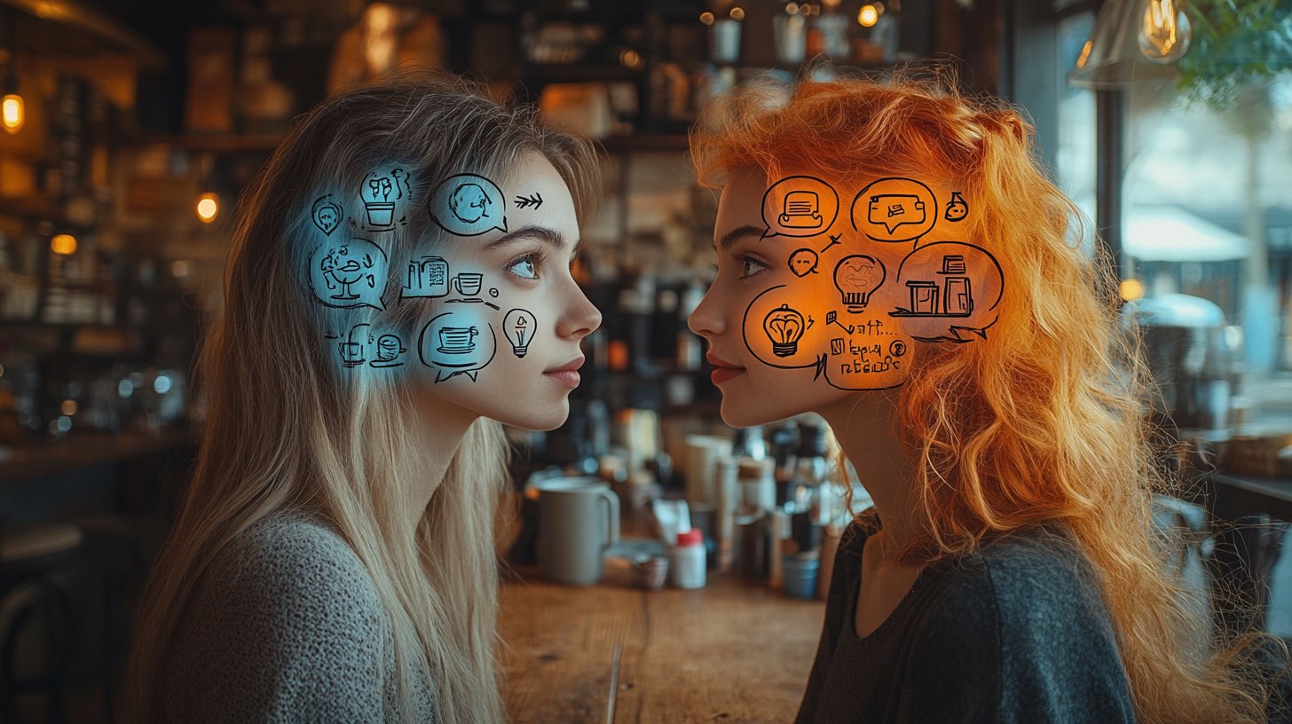 Deux individus dans un café, chacun tenant une bulle de dialogue remplie de pensées et de sentiments.