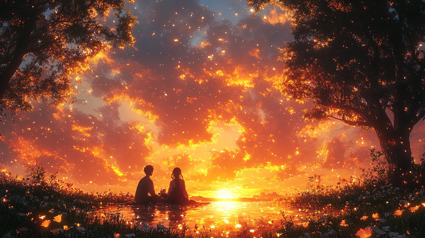 Un couple profitant d'un pique-nique au coucher du soleil dans la nature, entouré de chaleur et d'amour.