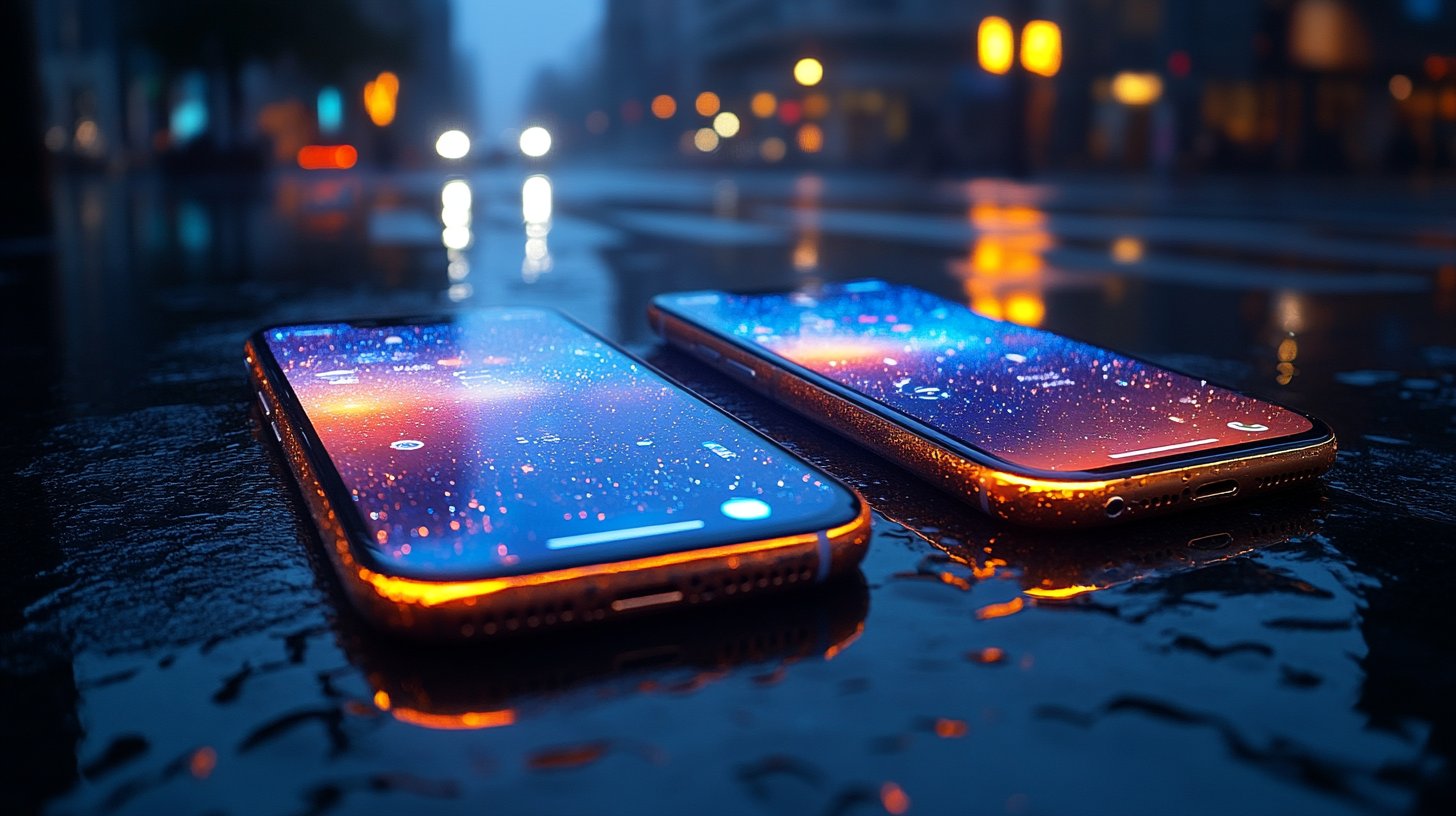 Due smartphone affiancati, ombre di messaggi che brillano.