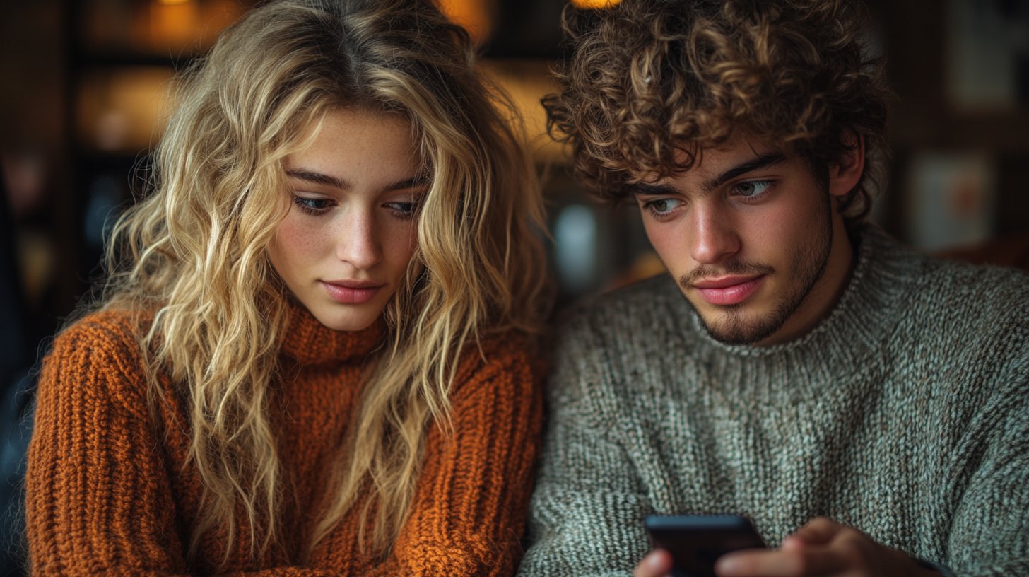 Un partner pensieroso, l'altro distratto dal telefono.