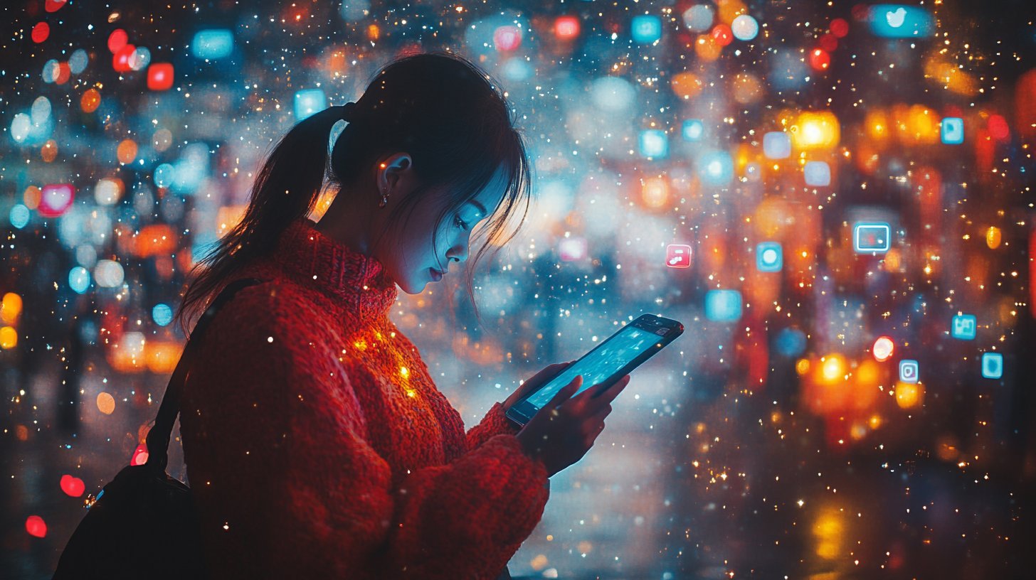 Qualcuno scorre freneticamente sul telefono, circondato dai social media.