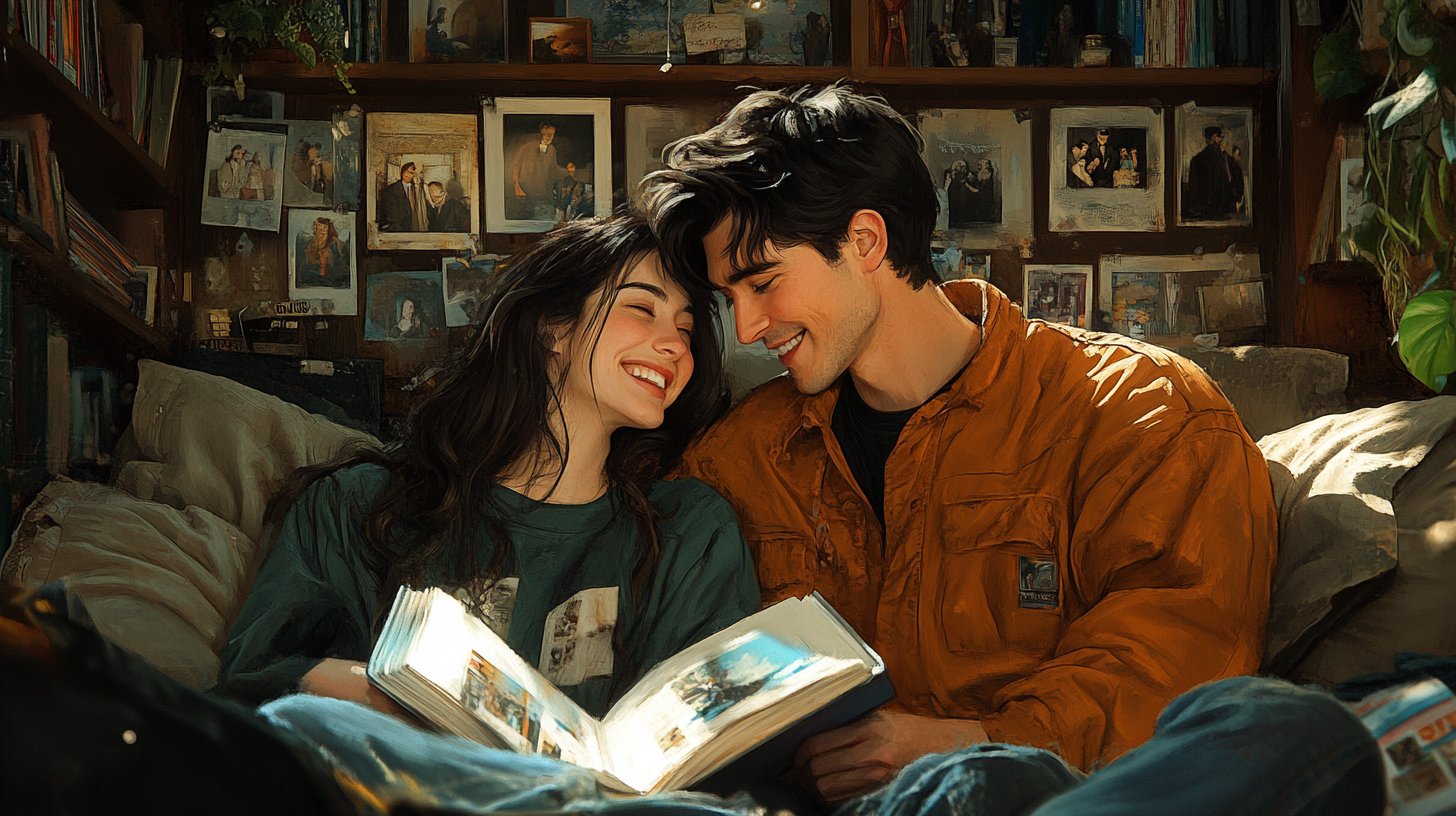 Un'accogliente ambientazione di una coppia che ricorda dei bei momenti condivisi.