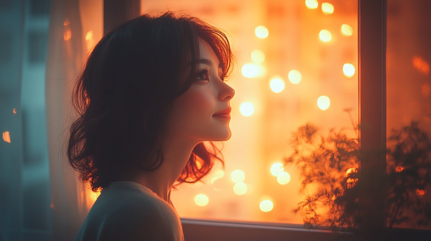 Una mujer se sonríe en el espejo en una habitación con estilo.