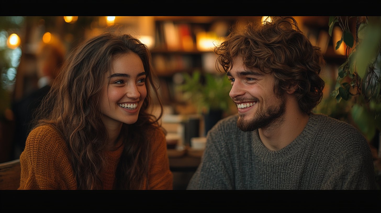 Dos personas disfrutan de una conversación en un ambiente cálido.