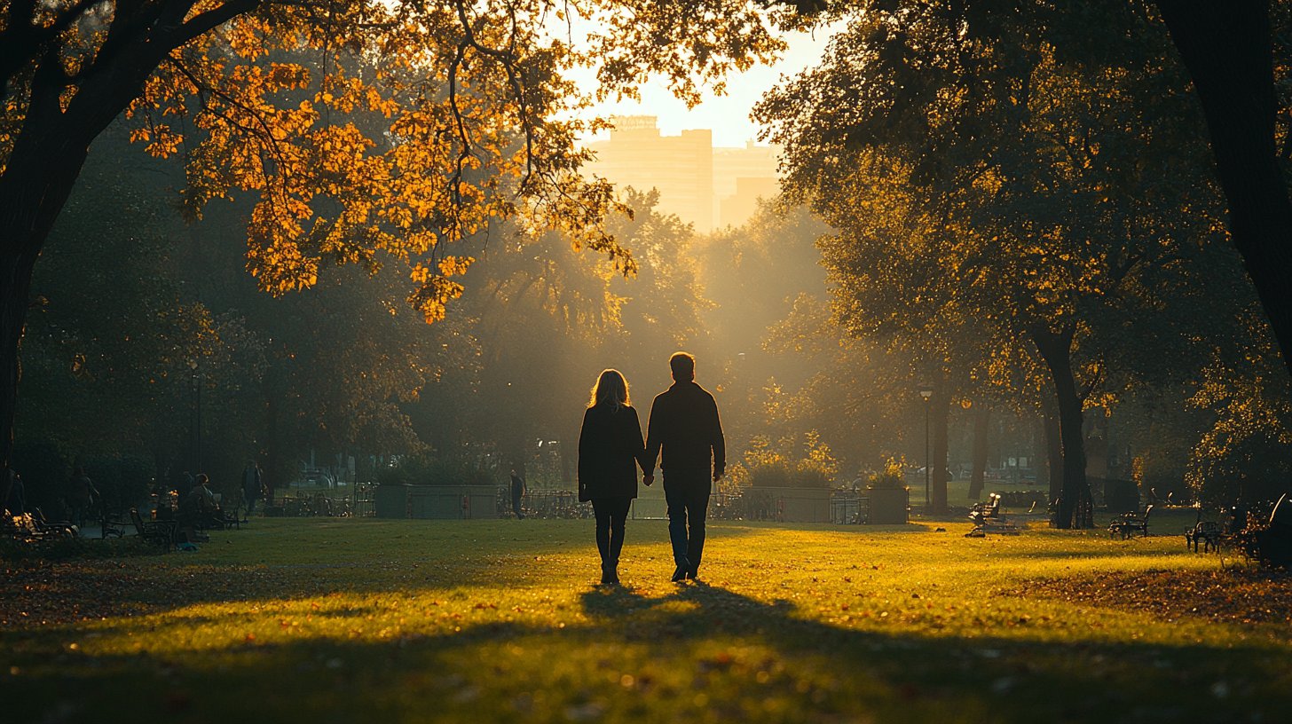 Una pareja camina en el parque, irradiando independencia.