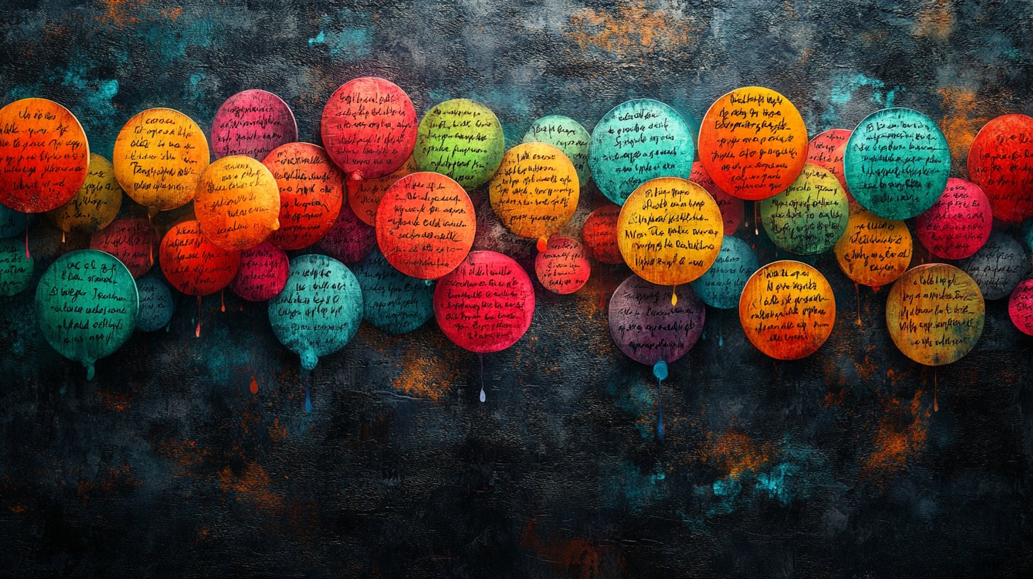 Représentation artistique de personnes communiquant par des mots écrits.