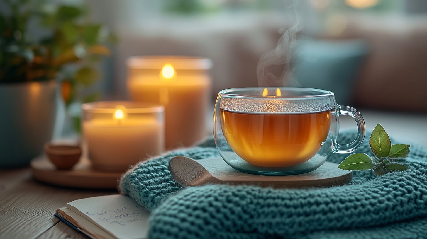 Eine gemütliche Selbstfürsorge-Szene zu Hause.