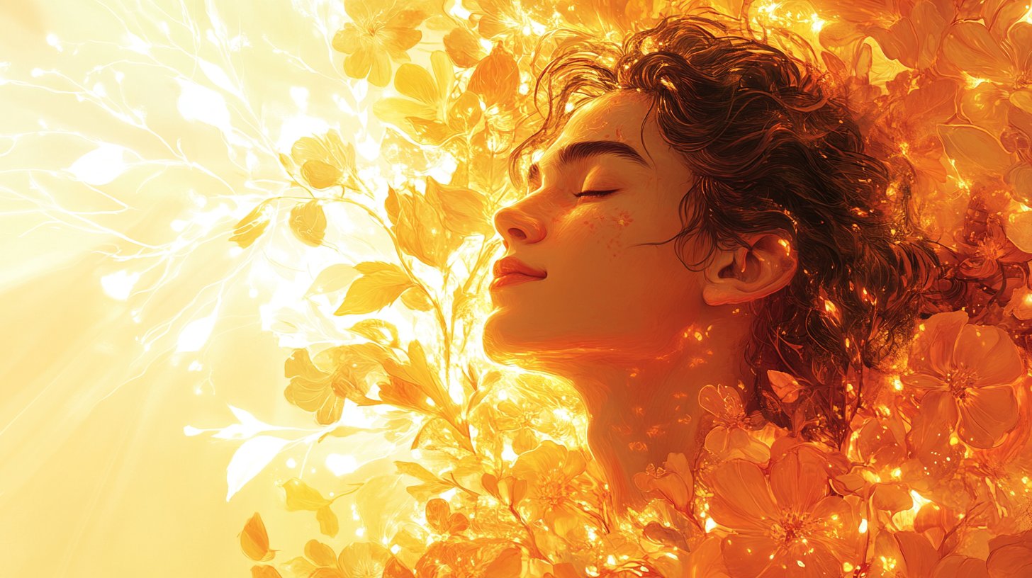 Eine strahlende Widderfigur, umgeben von feurigen Blumen, die Selbstvertrauen und Wärme ausstrahlt.