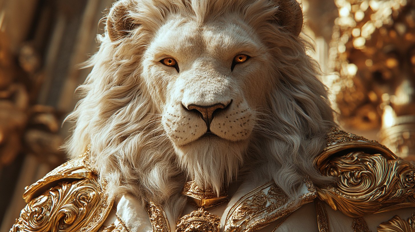 Eine majestätische Löwenfigur, die mit königlicher Kleidung und goldenen Elementen geschmückt ist.