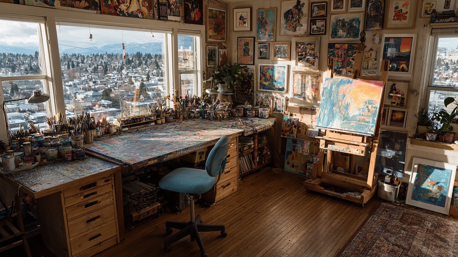 An inspiring studio filled with creative tools and colorful art.