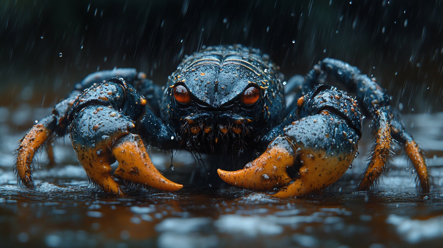 Eine geheimnisvolle Skorpionfigur mit tiefen, fesselnden Augen, umgeben von dunklen Wasserelementen.