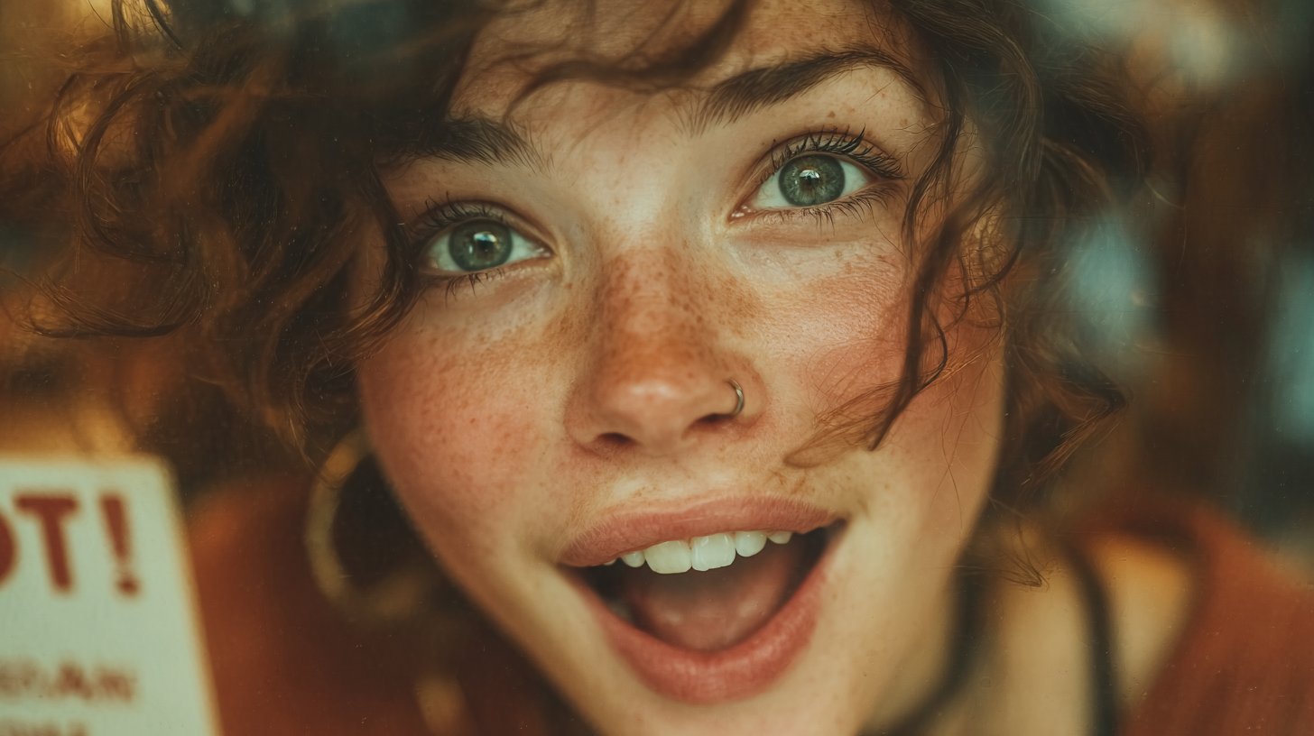 Un comprador emocionado brilla de alegría al descubrir.