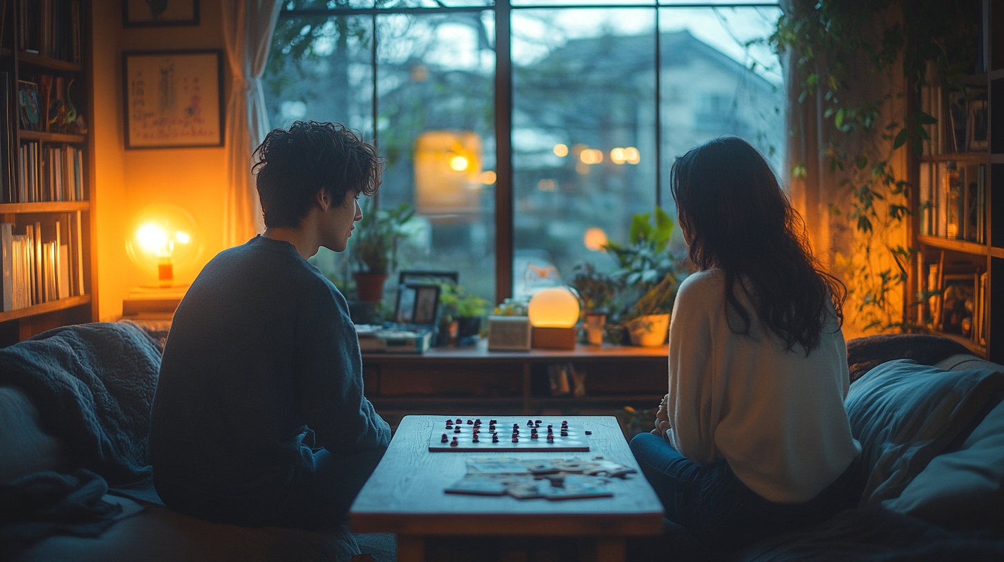 Deux personnes assises au bout d'un canapé, liées par un jeu inachevé.