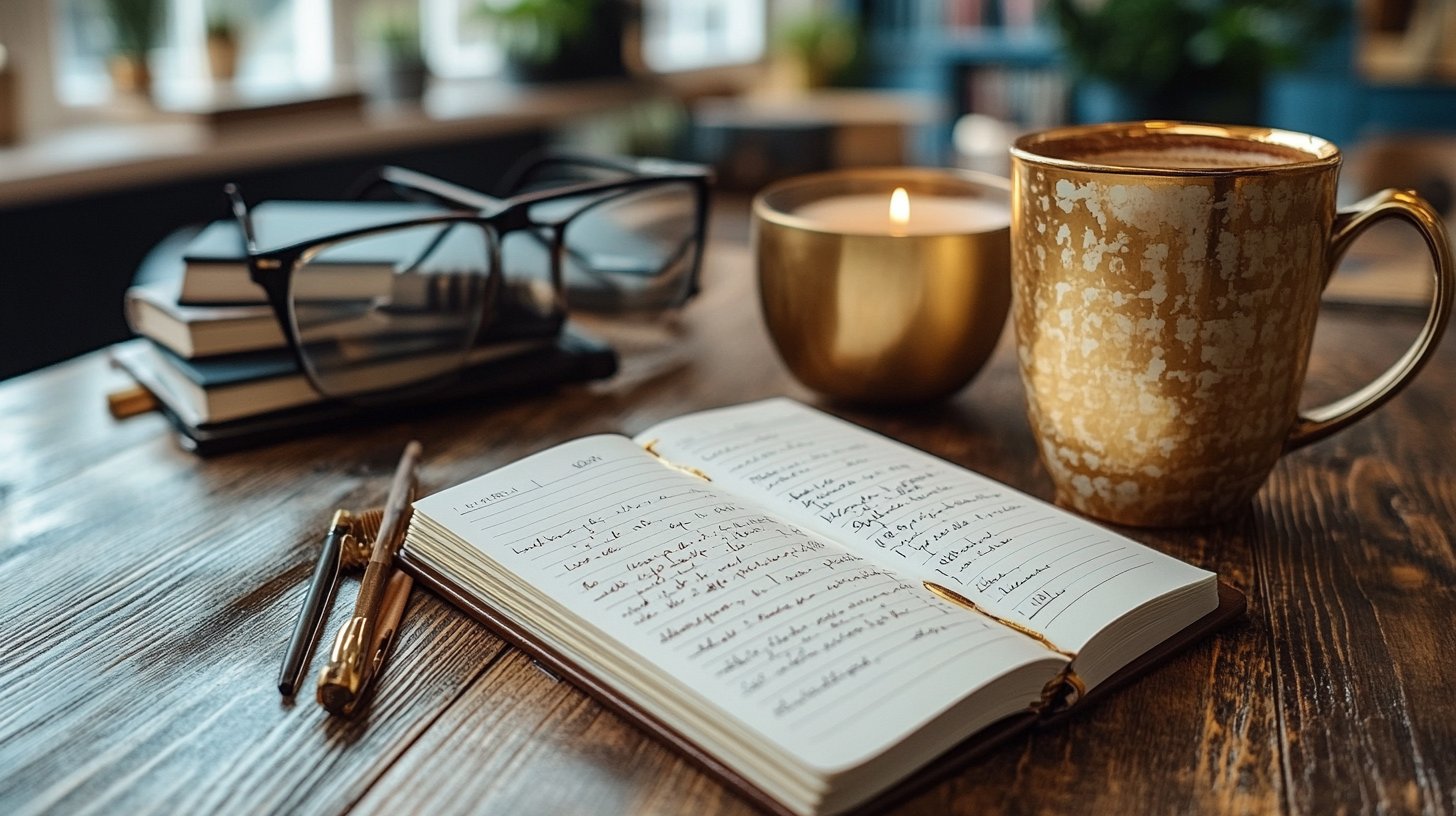 Un espacio de trabajo tranquilo con un escritorio organizado y metas claras.