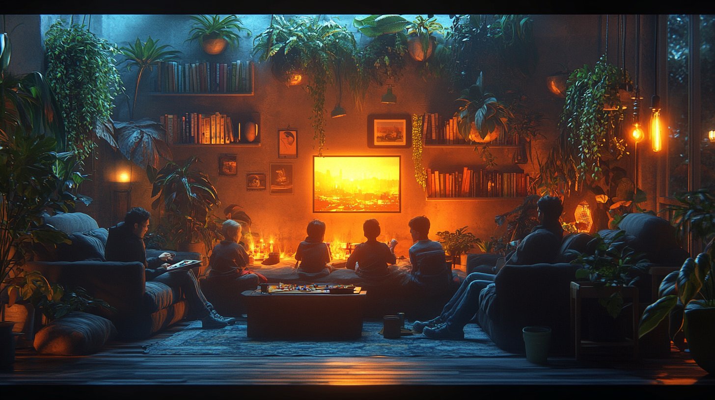 Una sala de estar acogedora donde una familia juega juegos de mesa desconectada.