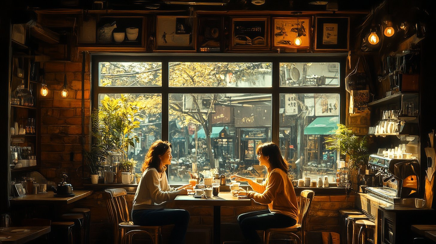 Zwei Freunde in einem gemütlichen Café, tief in ein Gespräch vertieft.