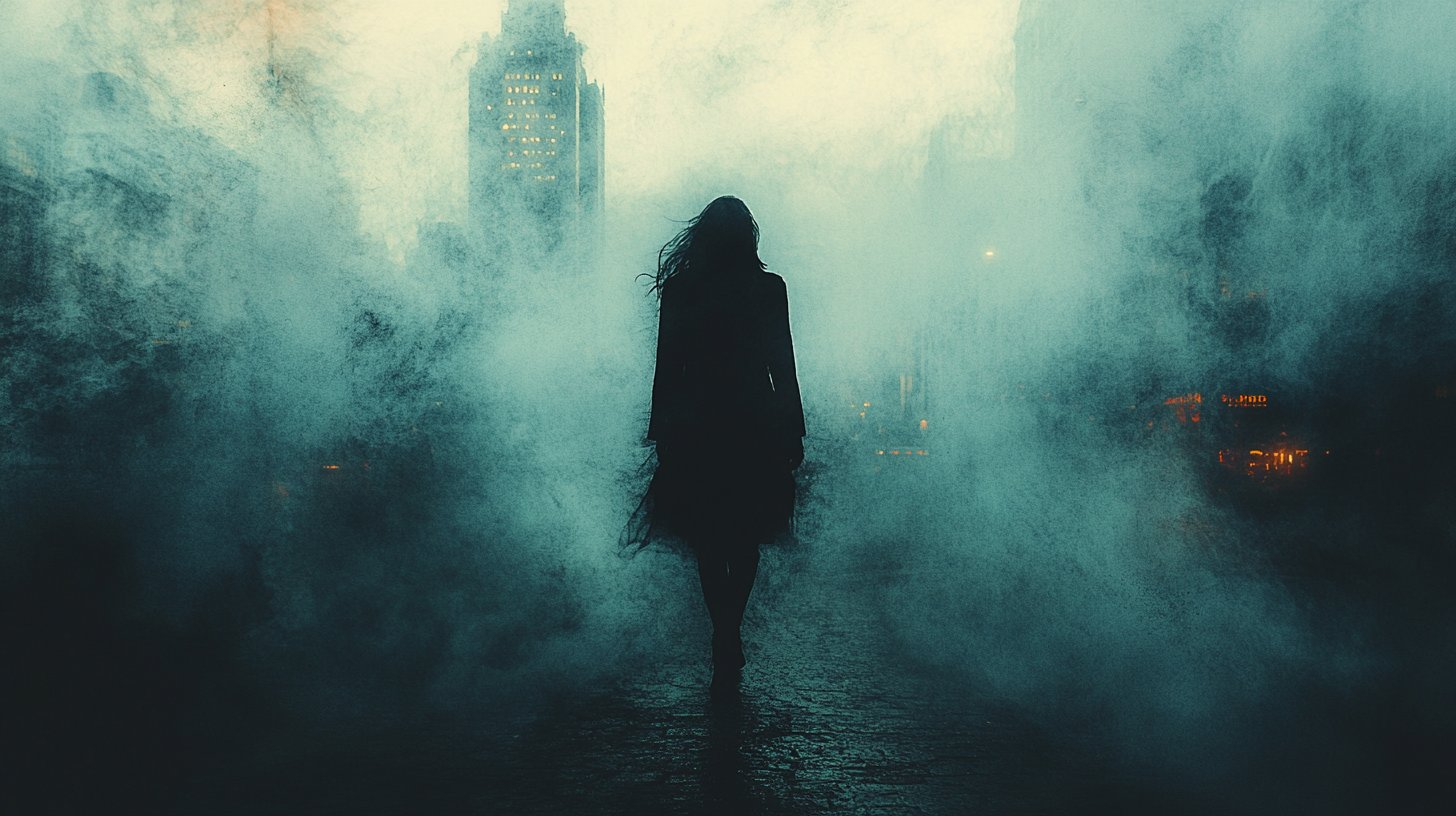 Eine schattenhafte Figur, die verlassen durch eine neblige Stadtstraße geht.