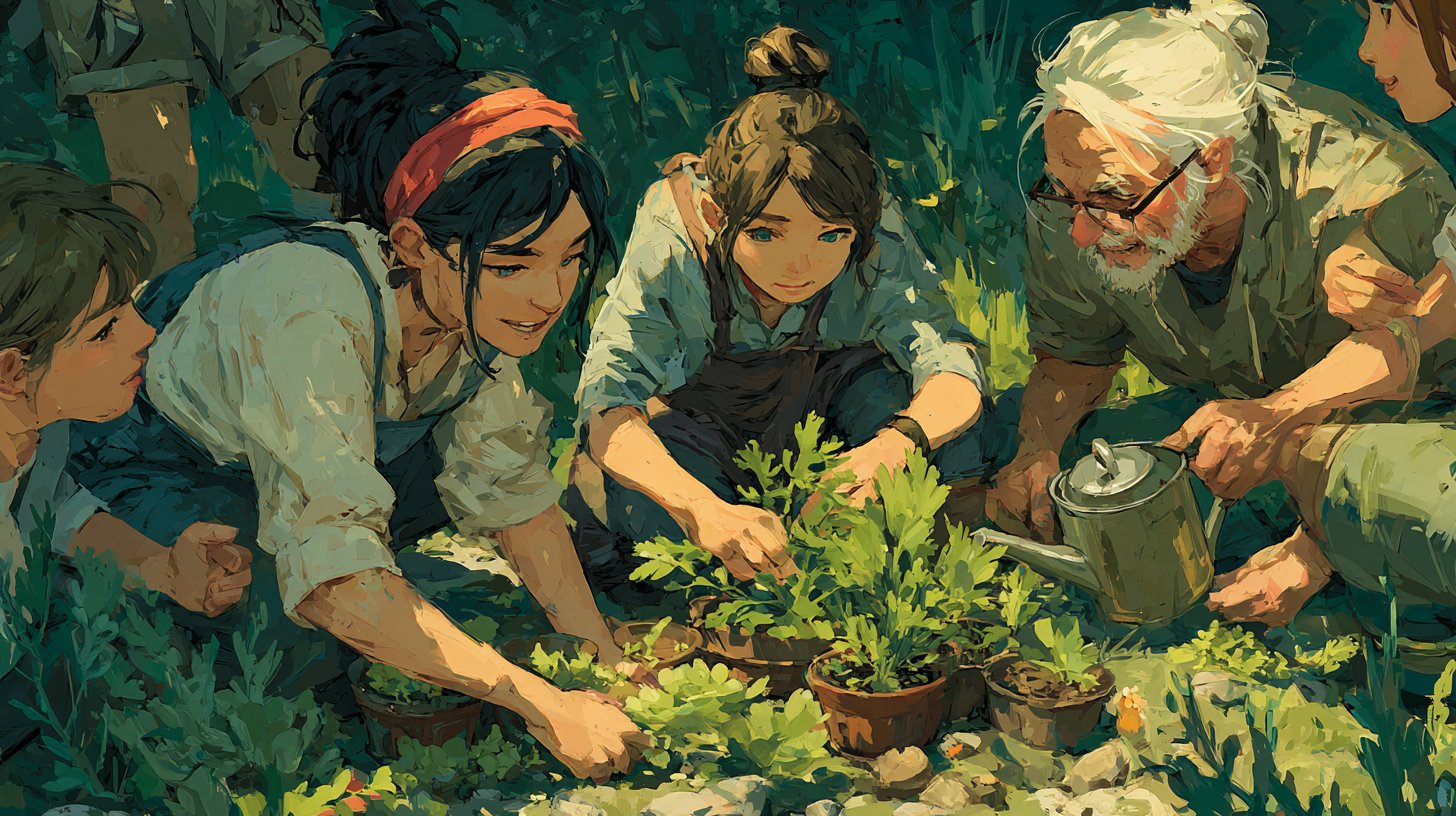 Amigos y vecinos ríen y trabajan en un jardín comunitario.