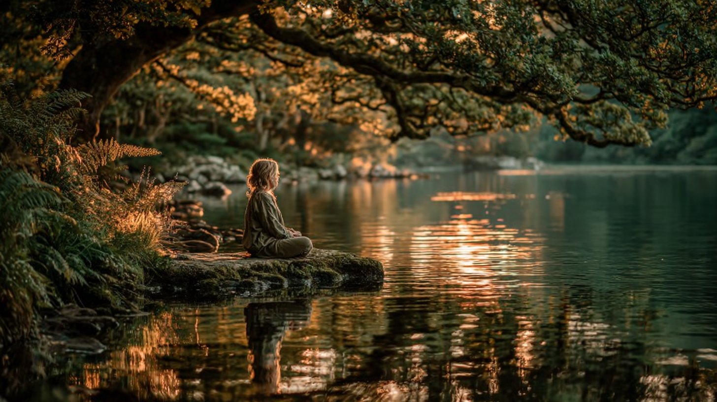 Una persona se sienta junto al lago, reflexionando sobre el momento.