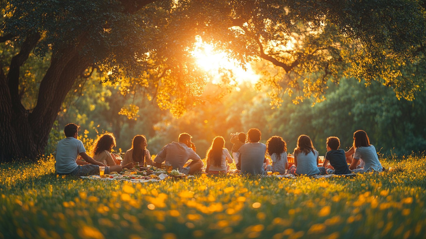 Picnic invitante in cui le famiglie condividono storie e risate.