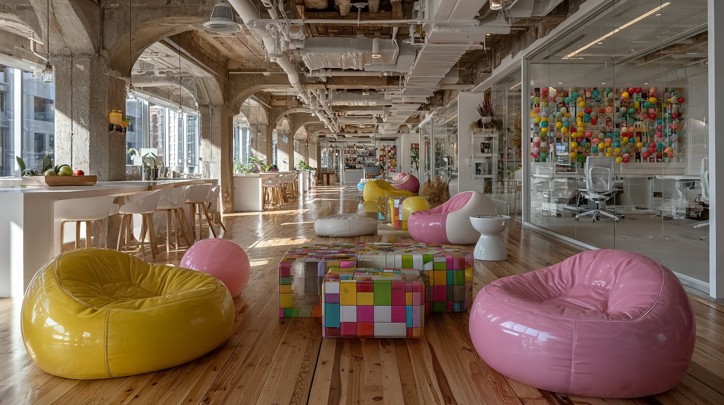 Ein dynamischer Arbeitsplatz, der Bewegung und Spiel fördert, mit hellen, einladenden Farben.