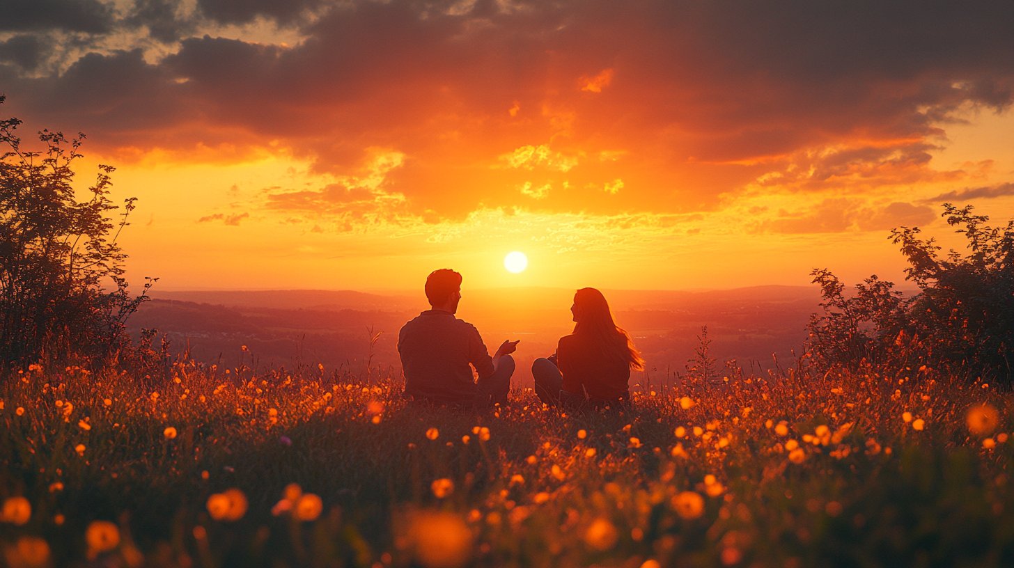 Interconnected hearts in a harmonious landscape.