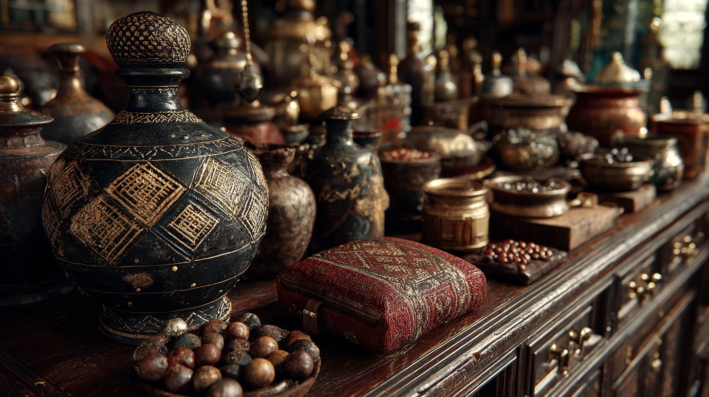 Detailansicht von kulturellen Artefakten in einem gut beleuchteten Raum mit einzigartigen Textilien und Kunst.