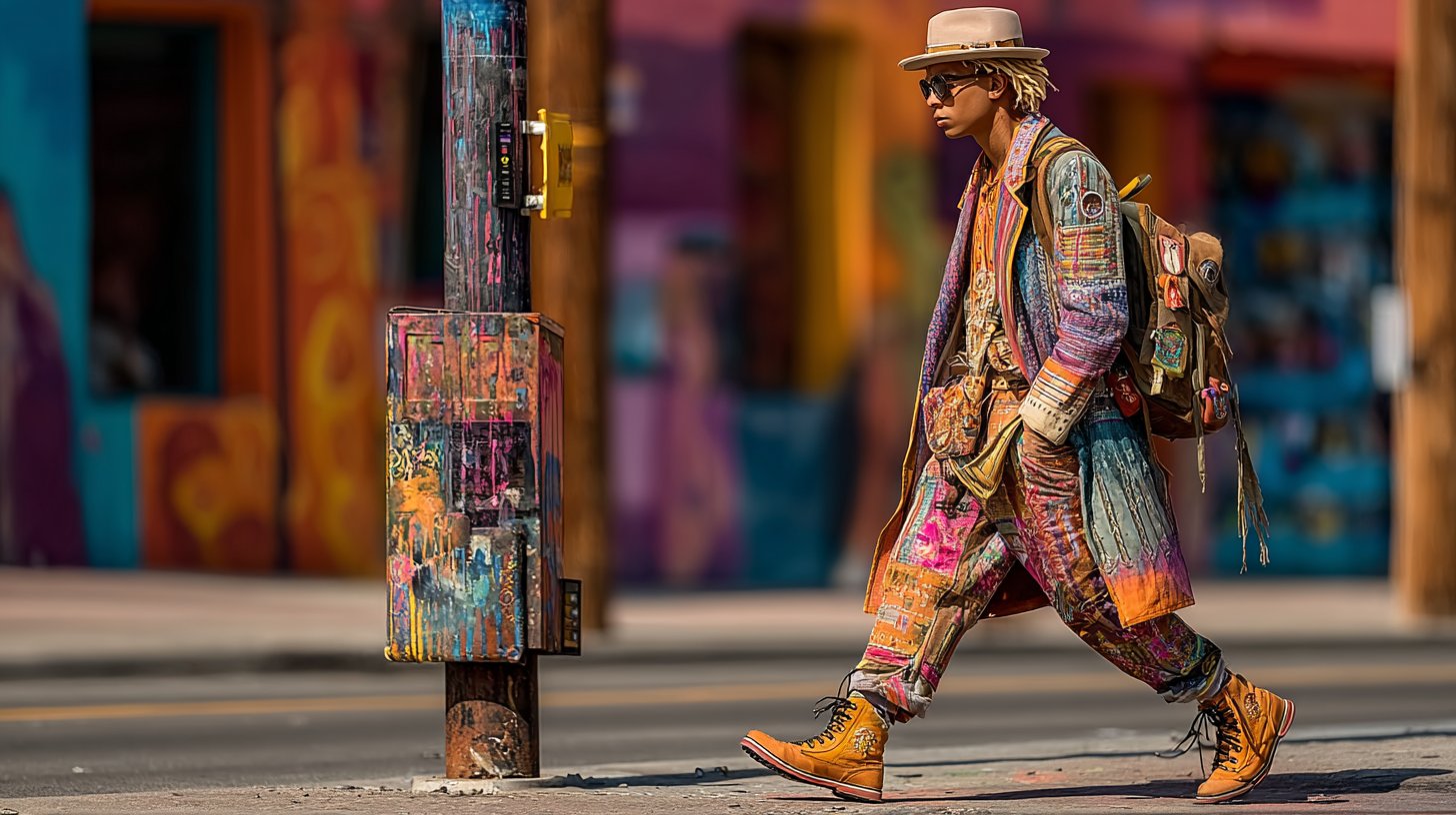 Eine modische Person, die in einem urbanen Setting ihren einzigartigen Stil mit kulturellen Einflüssen präsentiert.