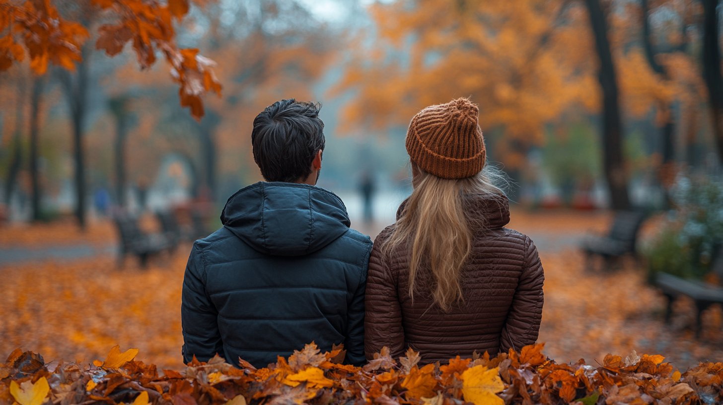 Ein Paar steht Rücken an Rücken im Park, ihre Mienen distanziert und nachdenklich.