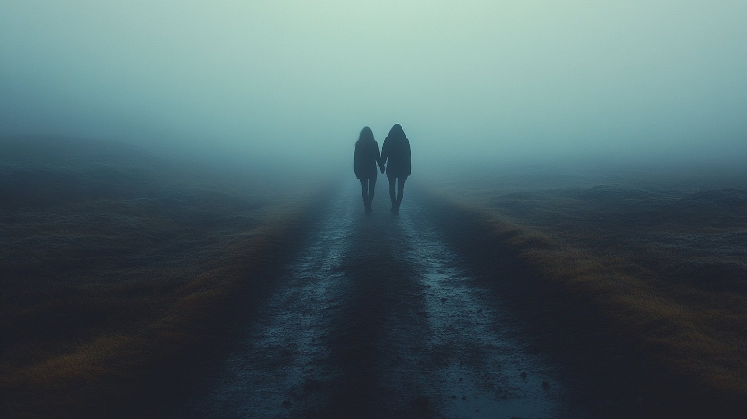 Ein verlassener Weg, der ins Nebel führt, und die Ungewissheit einer Beziehung darstellt.